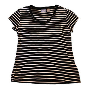 Notations by Chico's Size 1 (Medium) Short Sleeve Black And White Striped Shirt